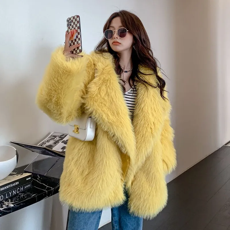 Winter Large Lapel Fur Coat Oversized Fluffy Faux Fur Jacket Long Sleeve Warm Thick Fox Fur Coat Streetwear Luxury Brand Clothes