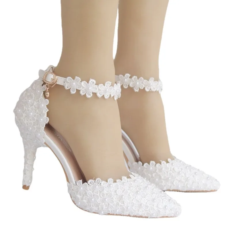 

Sandals For Women Party Pointed Toe Lace Buckle Strap PU 9CM Thin Heels Flower Mature Dress Sandals Shoes For Women White