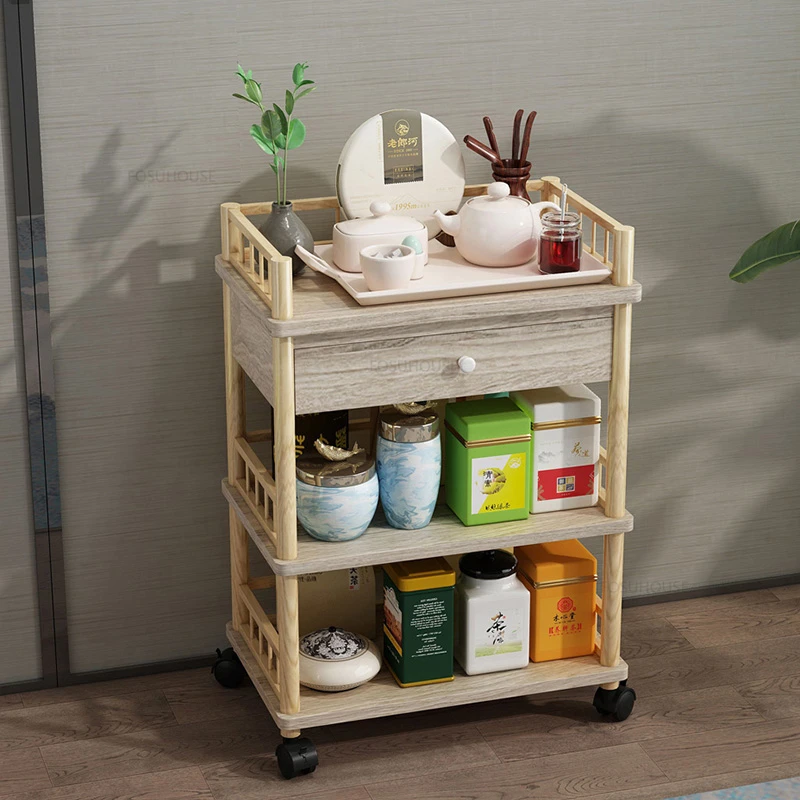 Modern Minimalist Wooden Hotel Trolley Three-story Restaurant Bar Delivery Cart Commercial Hot Pot Shop Rack with Drawer Trolley
