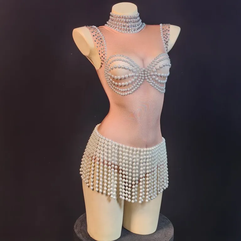

Clam Singer Model Hanging Ring Water Diamond Pearl Tassel Spandex High Fork Elastic One Piece Stage Costume Girl
