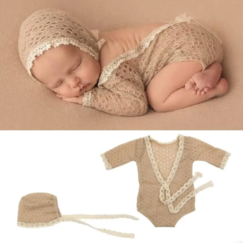 L8RB Knitting Mohair Photography Props Baby Outfits with Headwear Romper Skin-Friendly Dress for Newborns 2Pieces