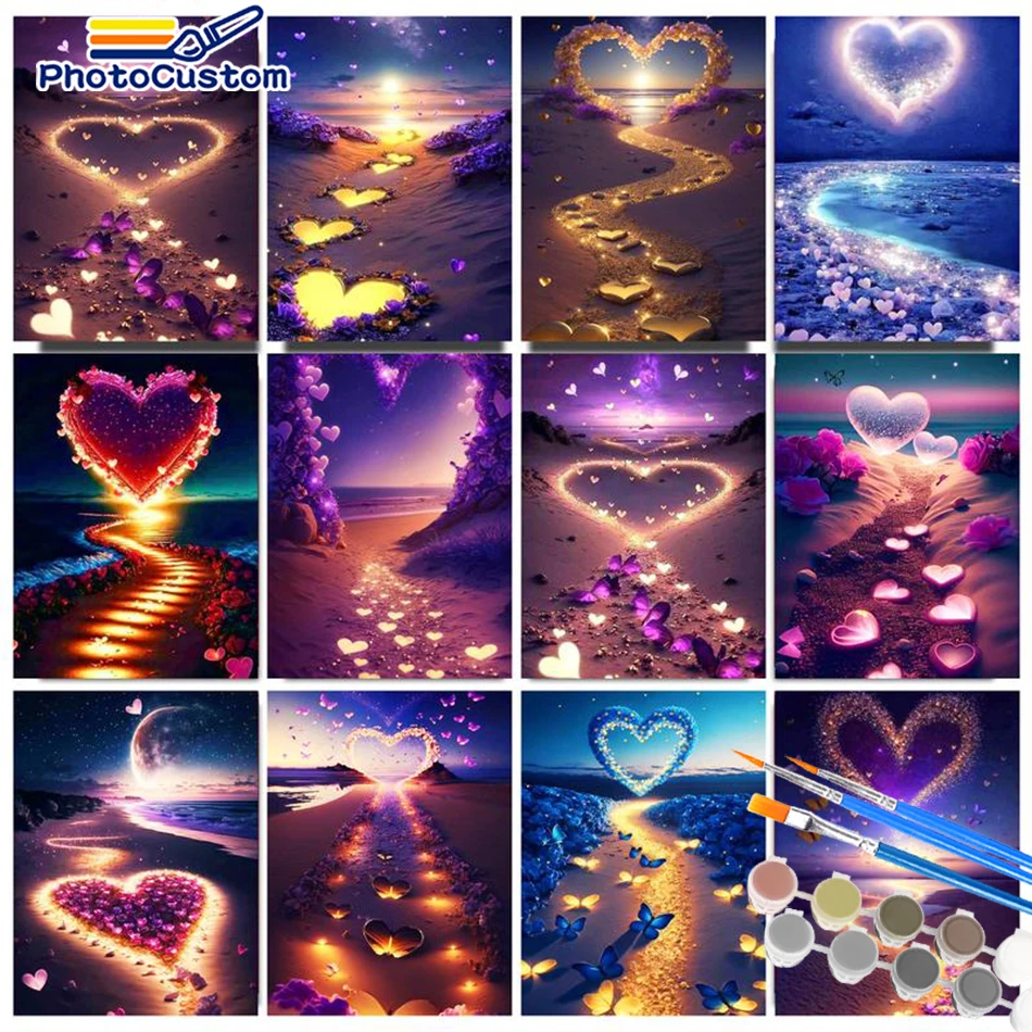 

PhotoCustom Coloring By Numbers Heart Beach Landscape Kits Drawing Canvas HandPainted Seascape For Home Decor Wall Art Gift