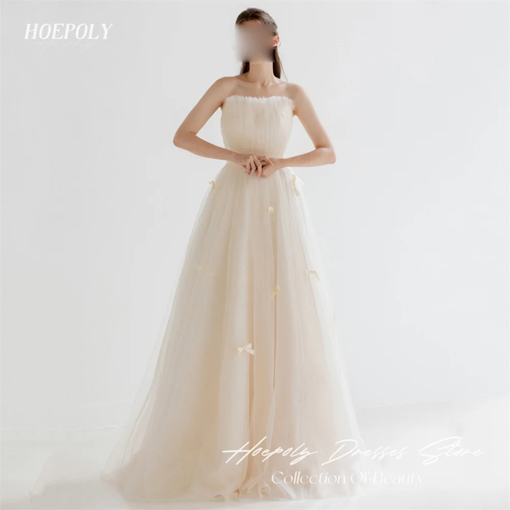 

Hoepoly Pleat Elegant Strapless A Line Long Formal Evening Gown For Woman Sleeveless Floor Length Sweep Train Prom Dress 프롬드레스