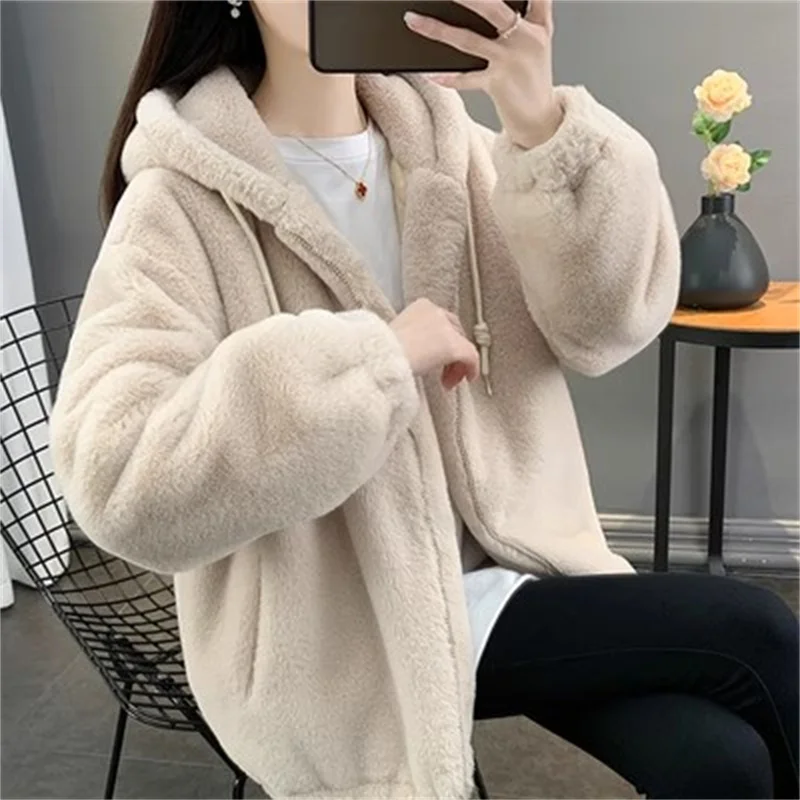 

2024 Winter New Imitation Lazy Rabbit Hair Fur Women's Mid length Loose and Thickened Lamb Hair Coat Hooded Plush Women's Coat B