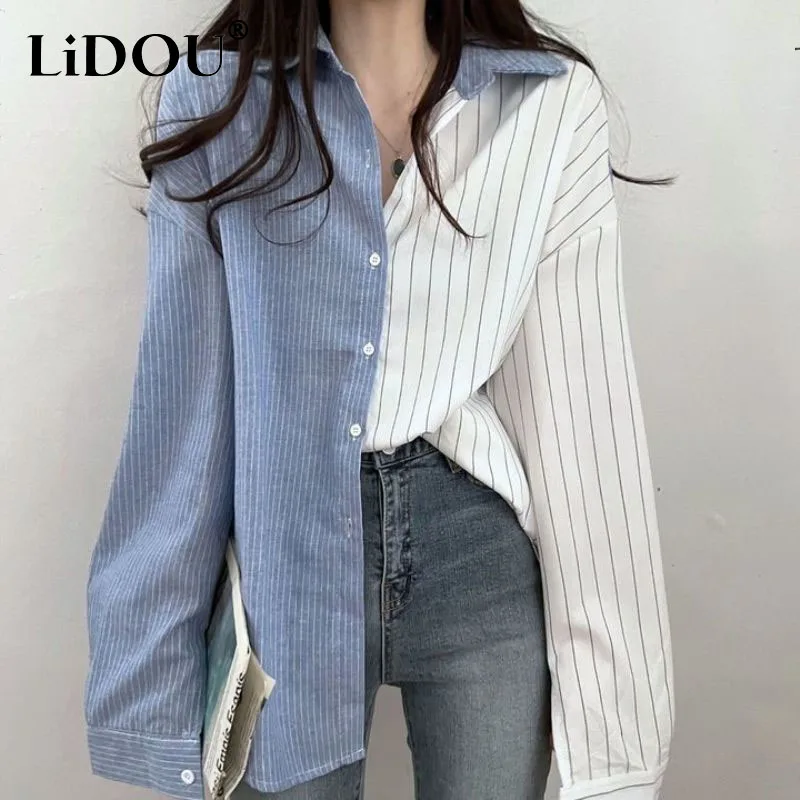 

Autumn Fashion Striped Patchwork Korean Casual Blouse Women Long Sleeve Single-breasted Popularity Wild Popularity Lady Shirt