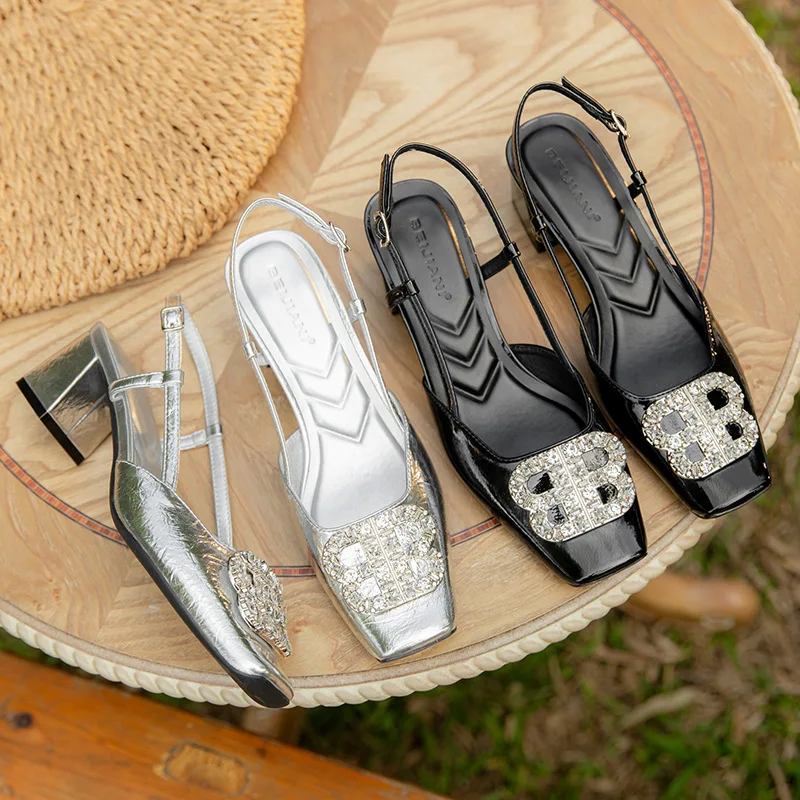 Fairy Feng Shui Diamond Square Button Baotou Middle Heel Sandals Women's Summer New Square Headed Back Empty Matching Skirt
