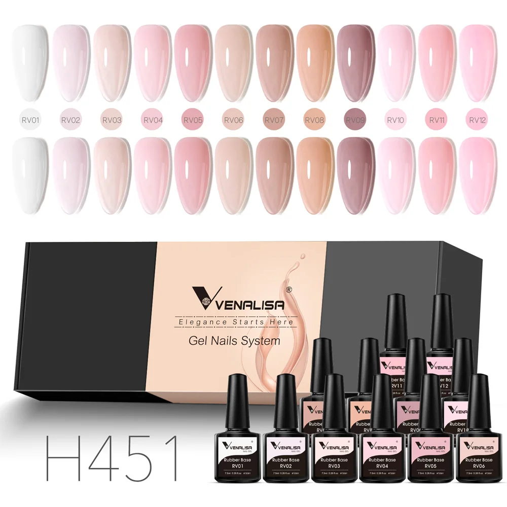 

12pcs Venalisa Jelly Color Rubber Base Coat Semi Permanent Nail Gel Polish Clear Pink Gel Varnish Camouflage Long Lasting UV Gel