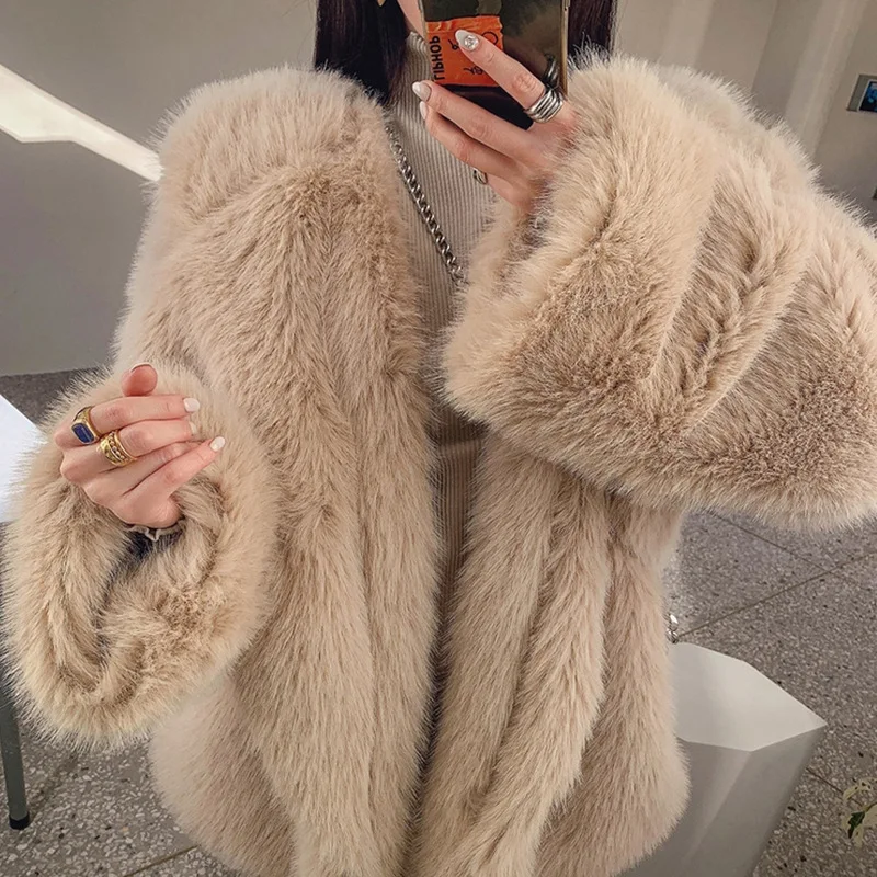 Winter Large Lapel Fur Coat Oversized Fluffy Faux Fur Jacket Long Sleeve Warm Thick Fox Fur Coat Streetwear Luxury Brand Clothes