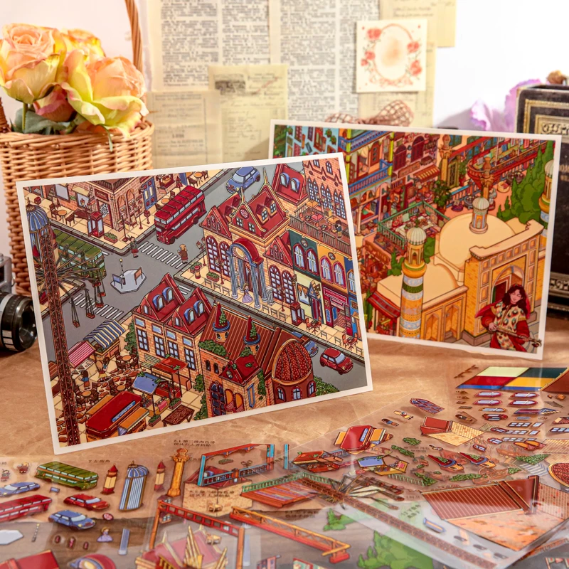 3D 풍경 스티커 브랜드 뉴 오리지널 시티 로밍 시리즈 미니 스티커 장 디컴프레션 콜라주 스티커 장식