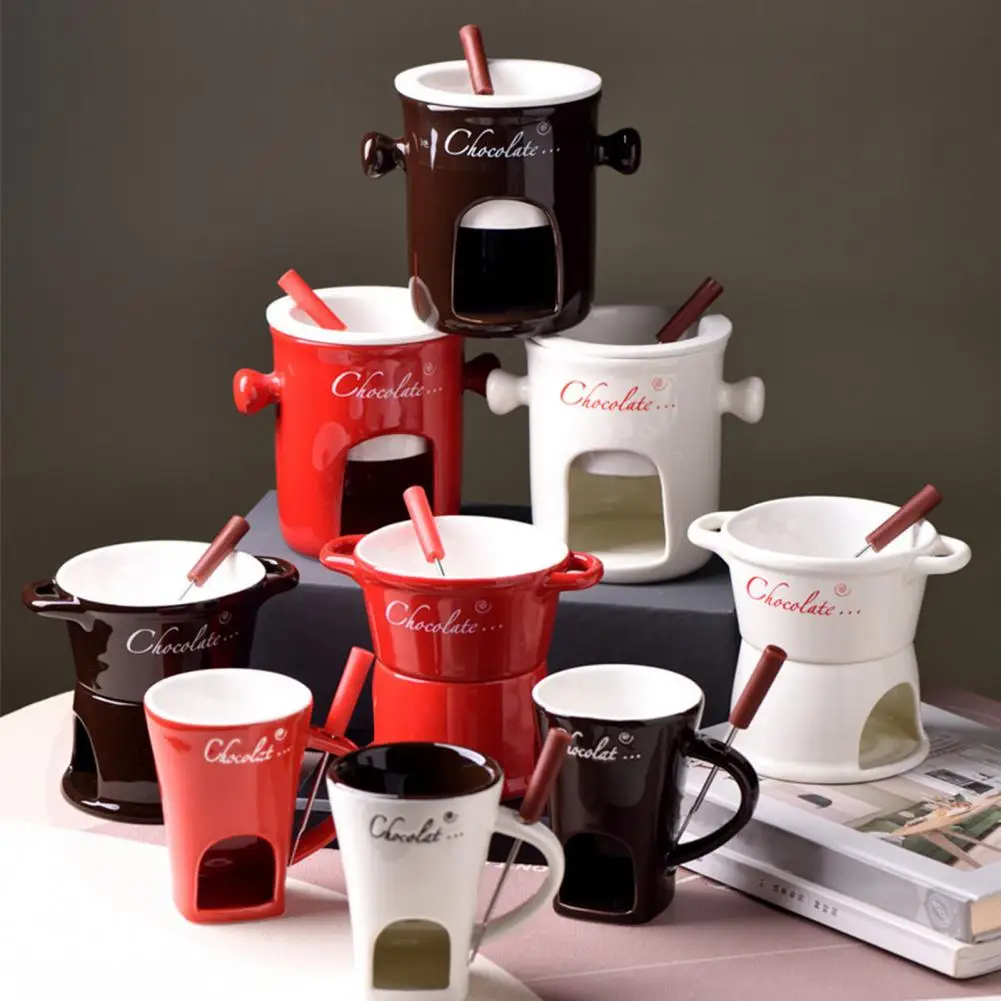 Ceramic Chocolate Fondue Cup Ceramic Chocolate Fondue Mug Set with Forks Tealight Candle Pot for Melting Chocolate for Fondue