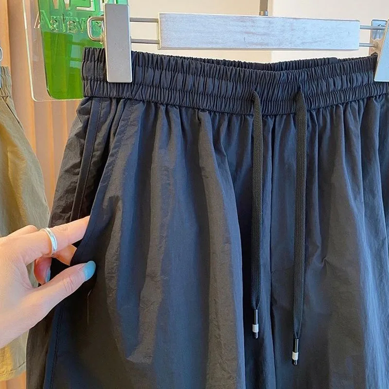 Female Casual Sporty Solid Color Elastic Waist Shorts 2023 Summer All-match Fashion Wide Leg Drawstring Shorts Women's Clothing