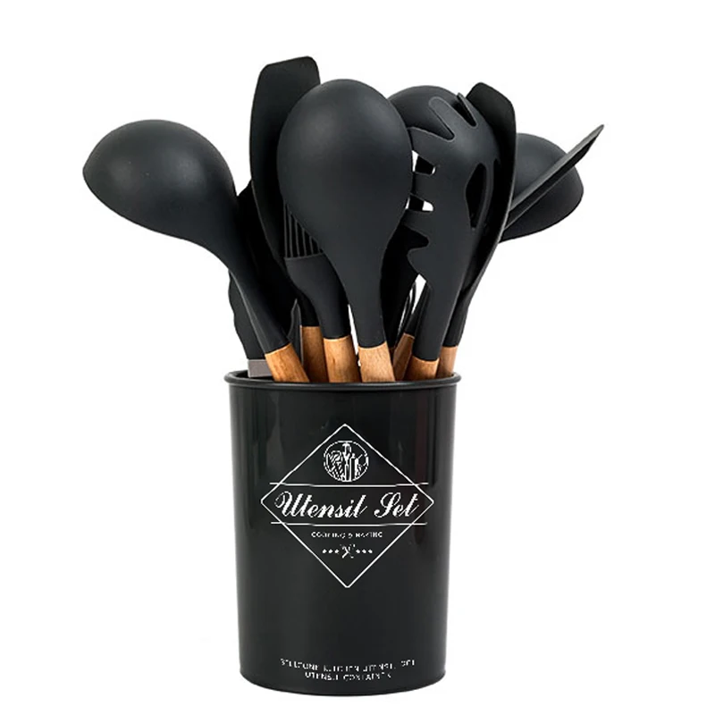 AJOYOUS Kitchenware Tool Cooking Utensils Set Black Non-Stick Cookware Silicone Spatula Ladle Egg Beaters Shovel Accessories