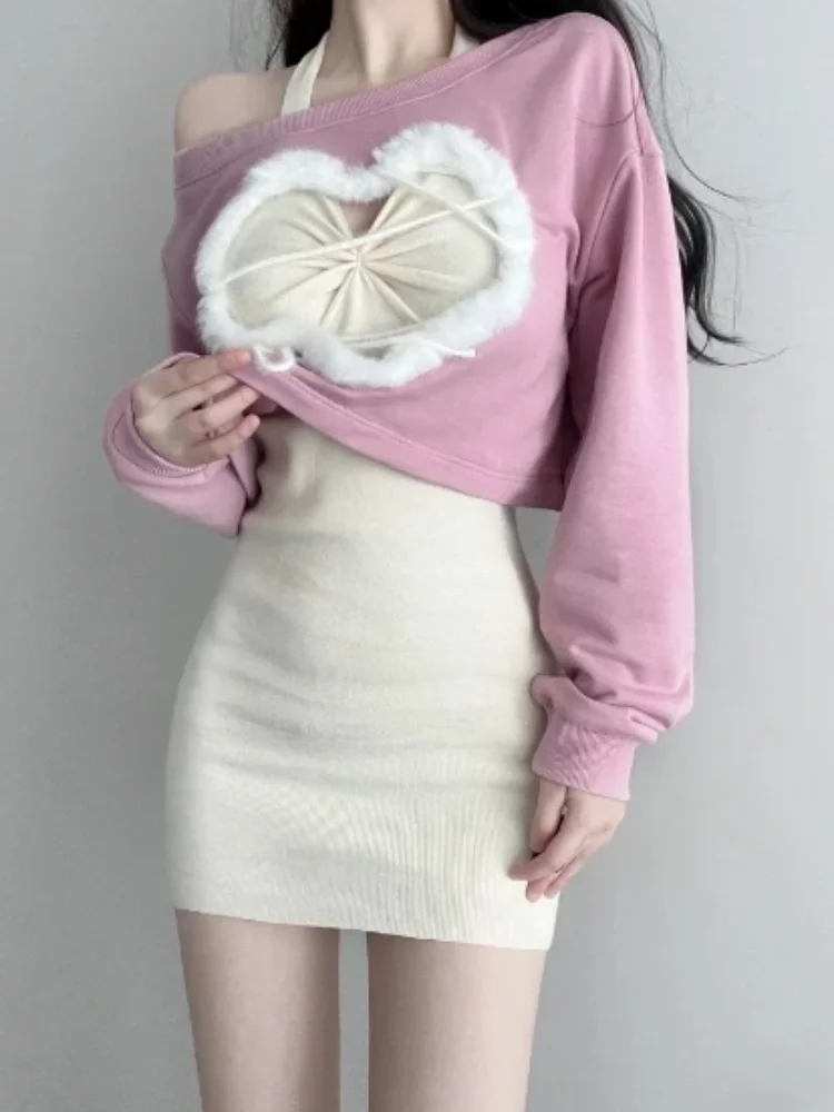 

Женский трикотажный Костюм-двойка, повседневная милая блузка с длинным рукавом и облегающее мини-платье, осень 2023