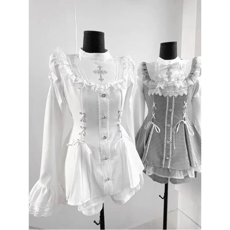 Y2k Aesthetic Lolita Style Bow Dress Shorts Set Women Kawaii Lace Flare Sleeve Bow Shirt Dress Japanese Punk Party Mini