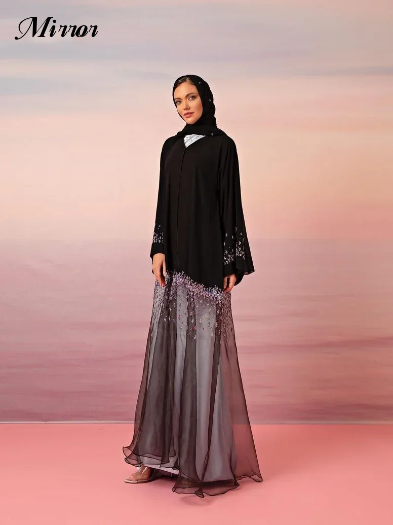 

Mirror Dress Elegant Vintage Beaded Black Ribbon Ruffle Customized Formal Occasion Prom Dress Evening Party Gowns