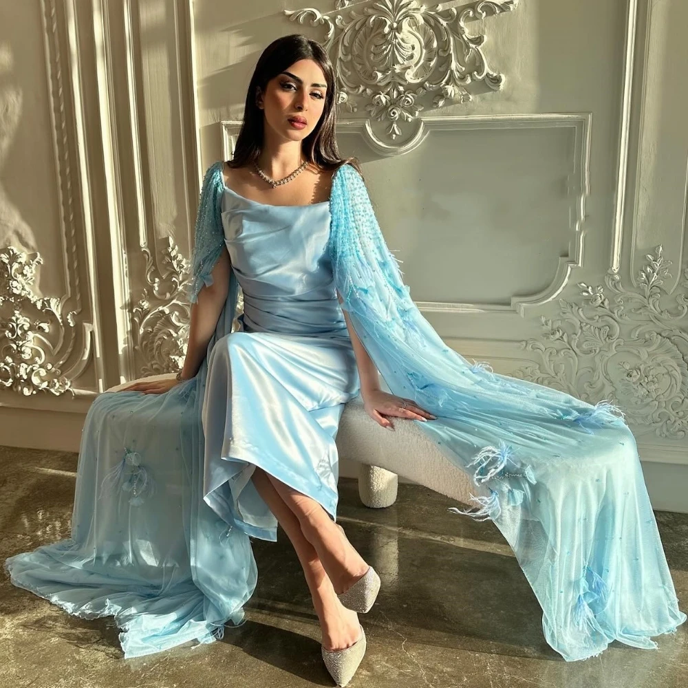 Jiayigong  Satin Draped Pleat Celebrity Sheath Square Neck Bespoke Occasion Gown Long Sleeve Dresses