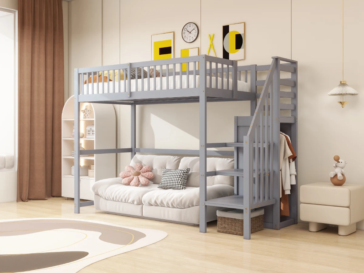 KOMHTOM Holzkinderhochbett 90x200 cm mit Treppe Aufbewahrungsregal und einfachem Kleiderschrank – Detail 1