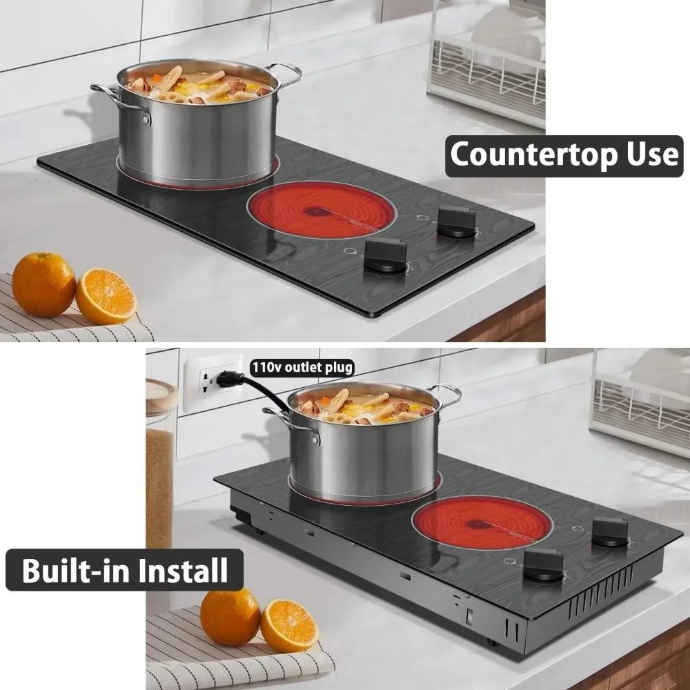 10v Portable Electric Stove Top with Knob, Glass Cooktop, Beautiful Woodgrain Pattern, Bui