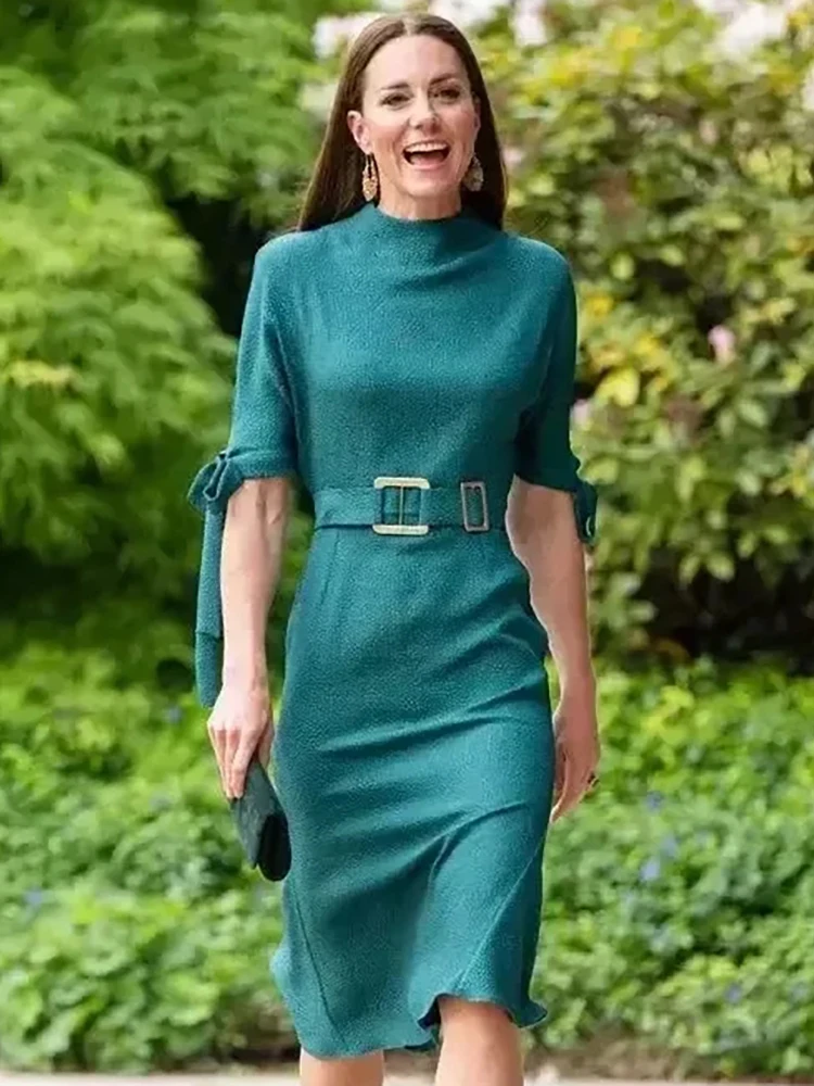 

Delocah High Quality Summer Women Fashion Designer Midi Pencil Dress Princess Kate With Belt Short Sleeve Solid Patchwork Dress