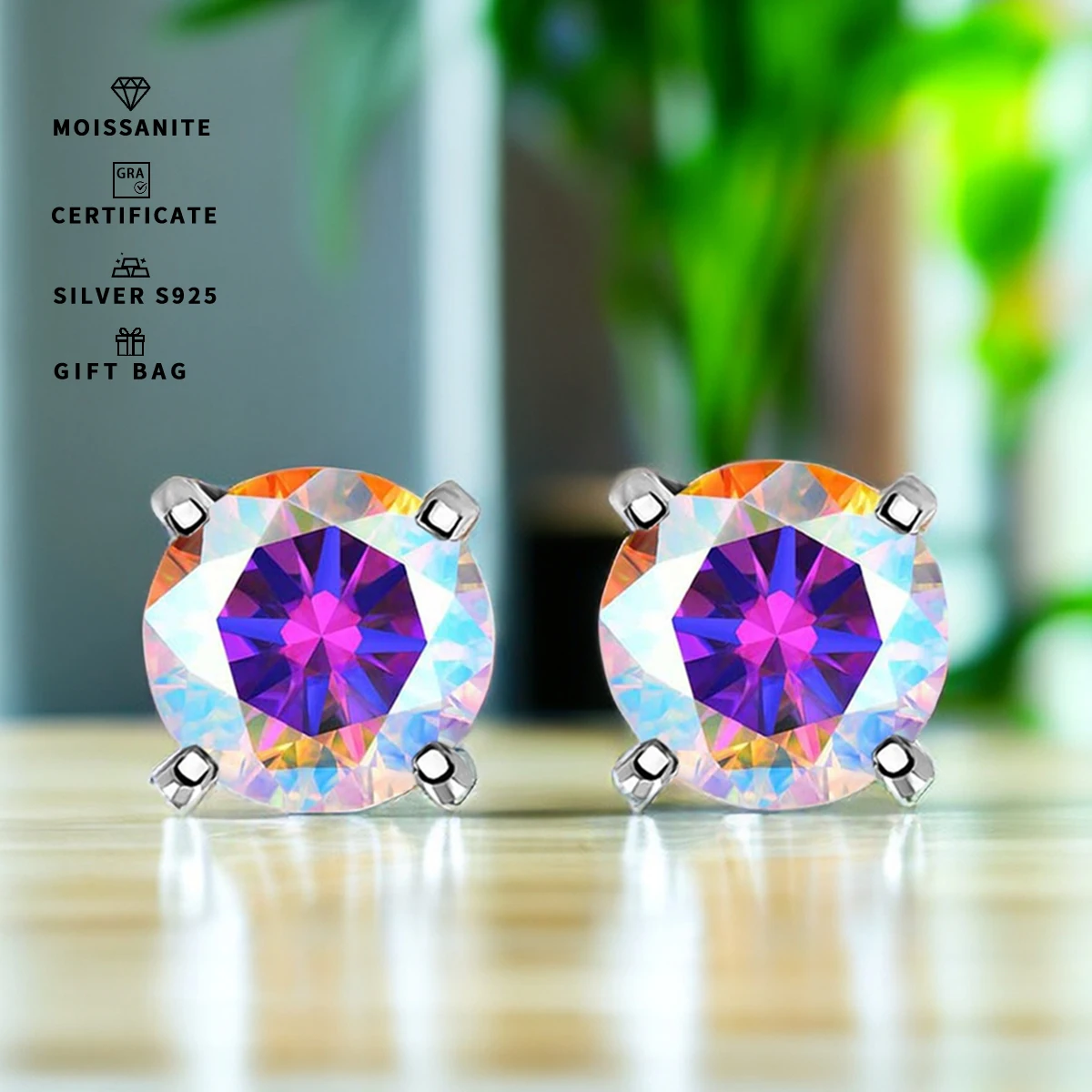 

GRA 0.3ct-3ct Certified S925 sterling silver four-prong stud earrings Round Rainbow Moissanite earrings women fine jewelry