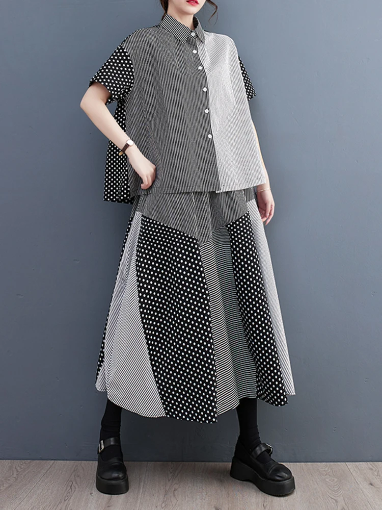 Polka Dot Stripe Print Summer Casual 2 Two Piece Set Short Sleeve Loose Blouse Women Shirt Top Fashion Clothing Skirt Suit 2025