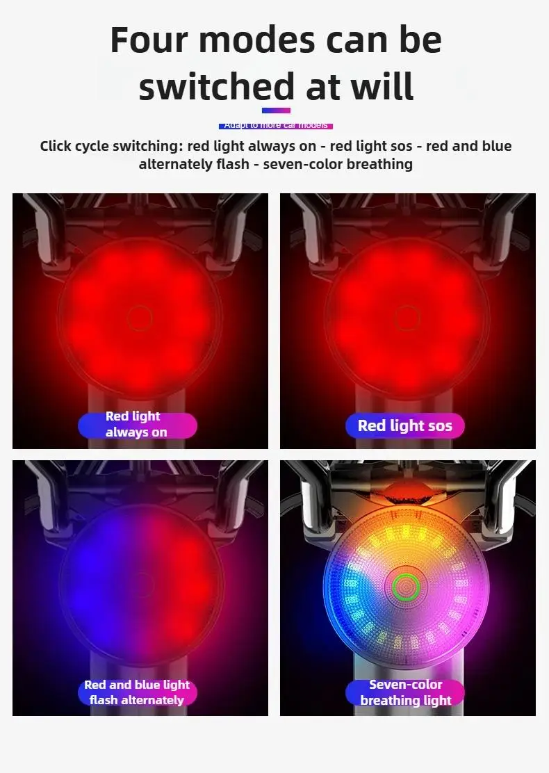 Smart Brake Sensing Light Colorful Bicycle Rear Light LED Night Safety Warning Light Type-C Rechargeable Bike Accessories