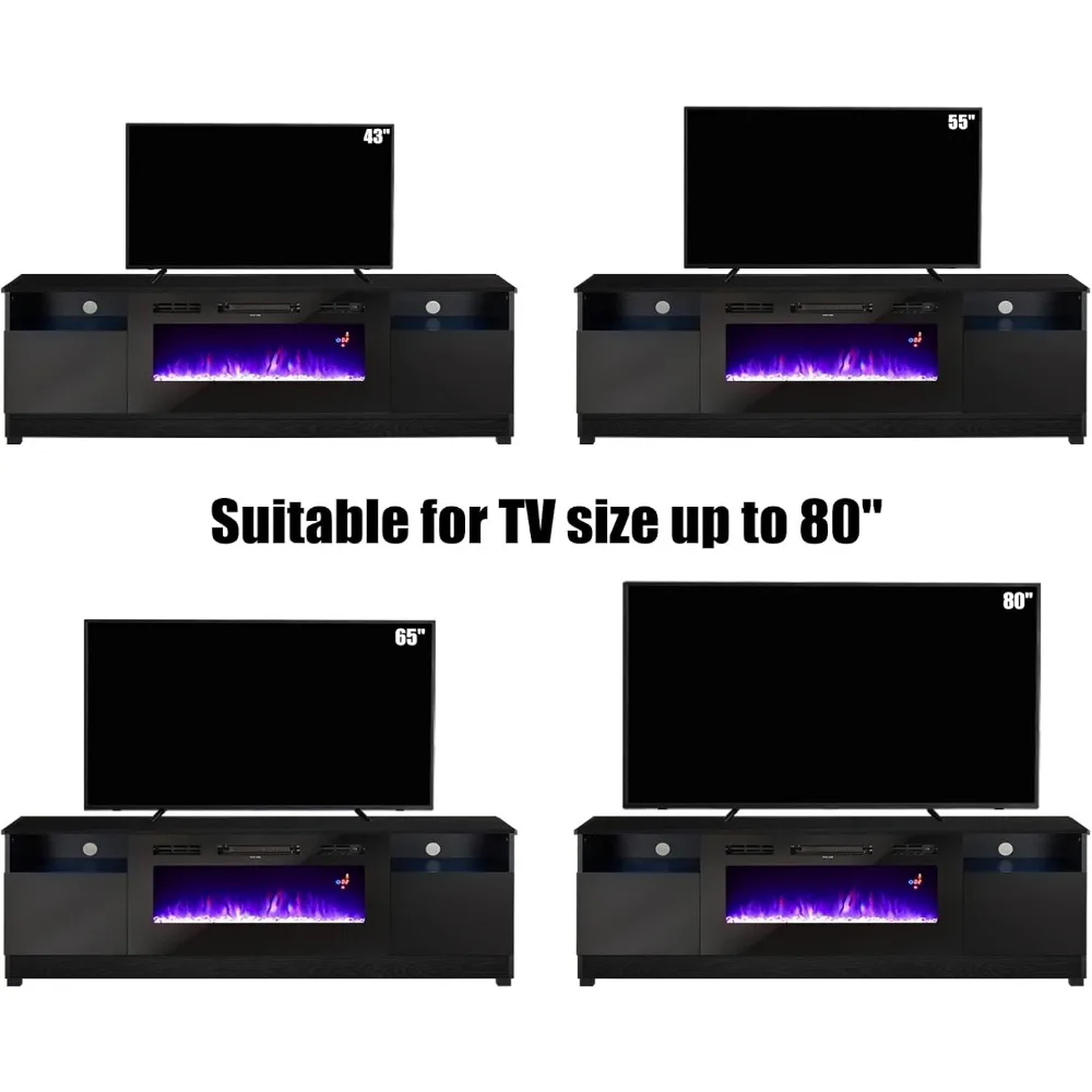 80" TV Stand with 40" Electric Fireplace, Texture Media Center with Highlight Storage Cabinet and 12 Colors LED Lights, Tv Stand 3