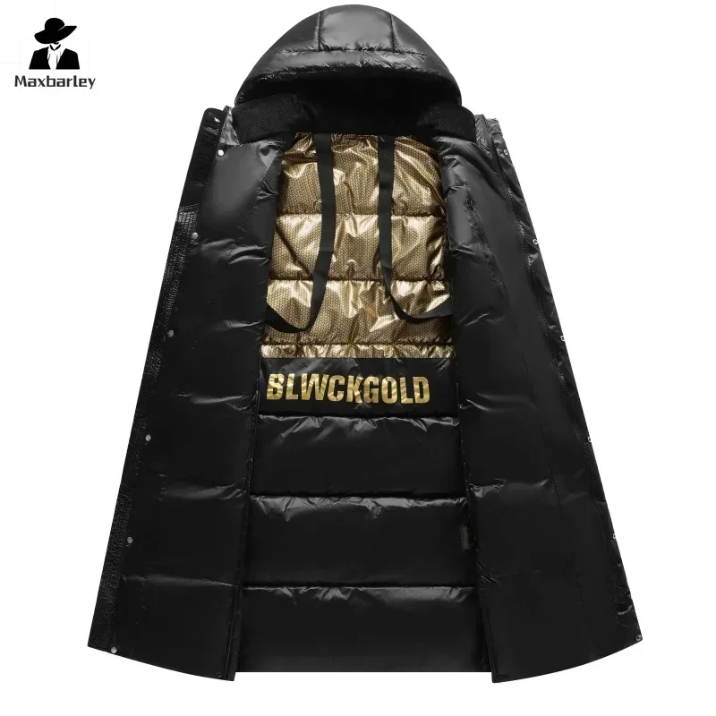 Winter Goose Down Coat Men's Luxury Glossy Black Gold Long Down Jacket Women's Fashion Waterproof Warm Hooded Puffer Jacket