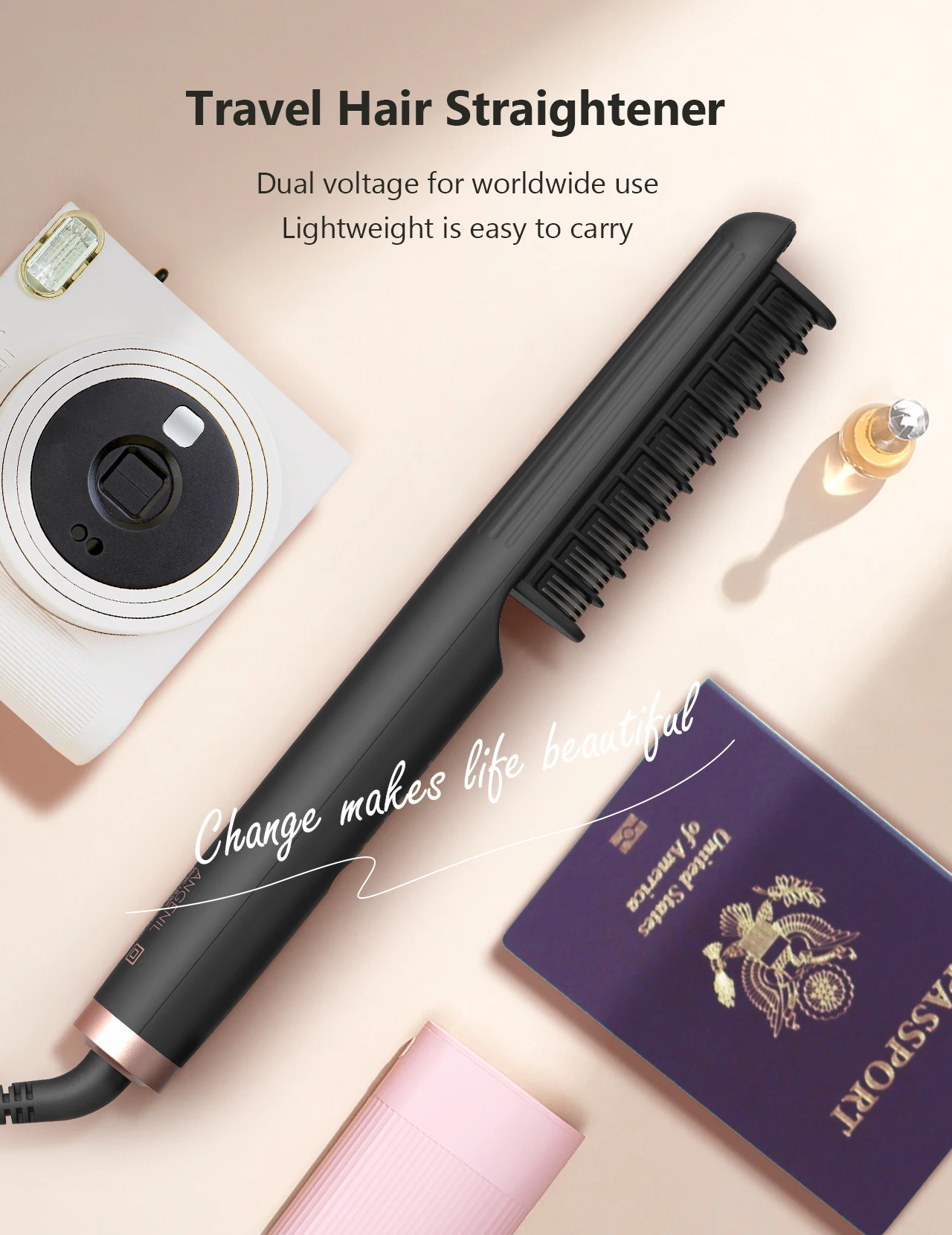 ANGENIL Travel Hair Straightener Brush, Negative Ion Brush Straightener for Women, Hot Comb Hair Make Frizz-Free