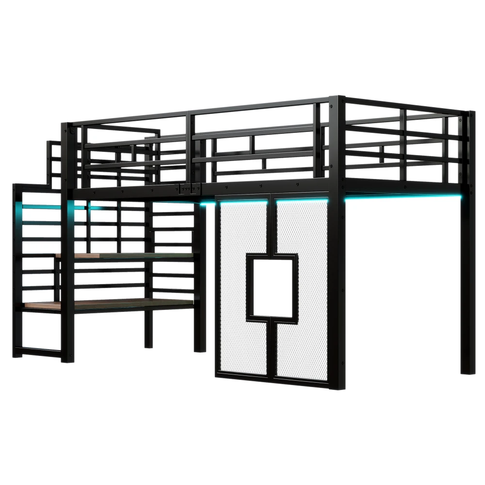 90x200cm Metall-Hochbettgestell mit Treppe, Stauraum, Babybett mit LED-Beleuchtung und Fenstern, Kinder-Etagenbett, Schwarz/Weiß – Detail 11