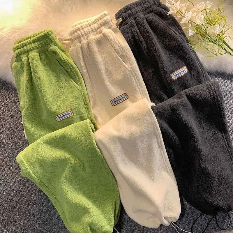 Women Pants Winter Fleece Lamb Wool Thermal High Waist Sweatpants Warm Loose Soft Velvet casual pants warm pants