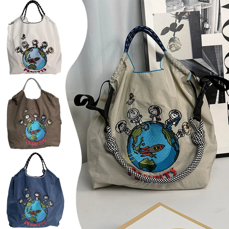 

2024 Snoopy японская мультяшная Милая нейлоновая сумка для покупок с вышивкой, складная вместительная сумка через плечо, сумочка, подарок