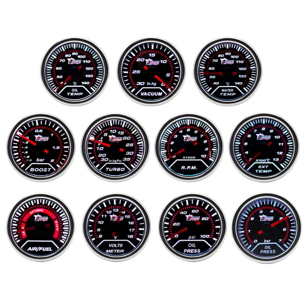 Car Turbo Boost Gauge BAR PSI Vacuum Water Temp Oil Temp Oil Press Exhaust Gauge Tachometer RPM Meter 2" 52mm 12V Universal engine tachometer,tachometer gauge,tachometer meter