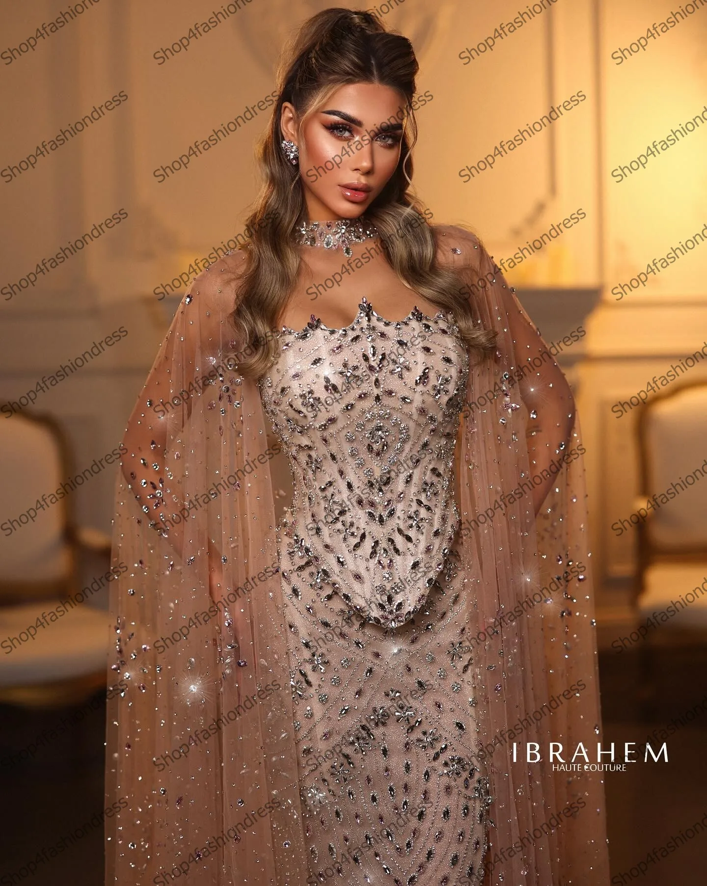 فستان سهرة حورية البحر فاخر مطرز بكريستال لامع كيب...