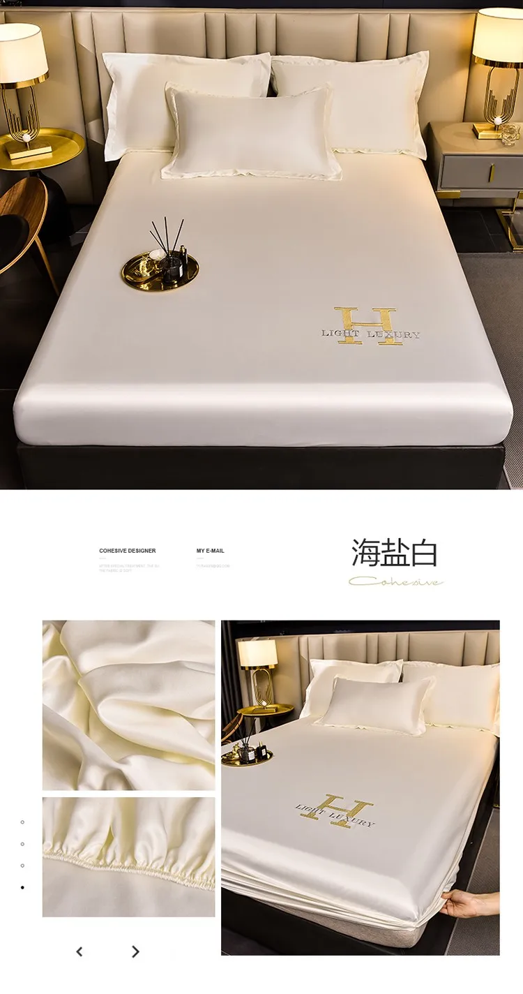 Luxury Ice Silk Fabrics Elastic Fitted Sheet Summer Solid Bedding Mattress Protector Cover Queen King Size Bed Sheet Set 4 Sizes