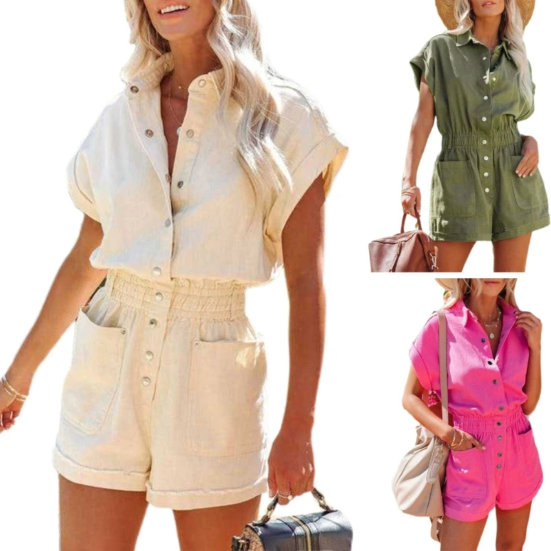 

Utility Romper Shorts Button Down Rompers For Women Summer Short Sleeve Jumpsuit Cuffed Sleeve Jumpsuit Elastic Waist