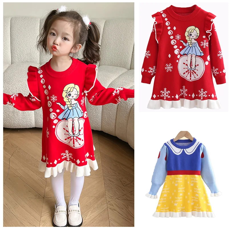 

Autumn Winter Girl Baby Sweater Knitted Dress Aisha Princess Dress Kid Warm Sweater Clothes Ruffle Dress Snow White Dress