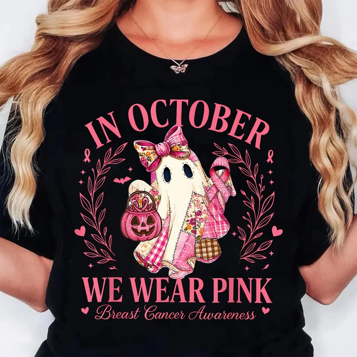 Im Oktober tragen wir rosa Geist Halloween Grafik T-Shirt Top Trend Harajuku Kurzarm Unisex Shirt Muster großes T-Shirt – Detail 3