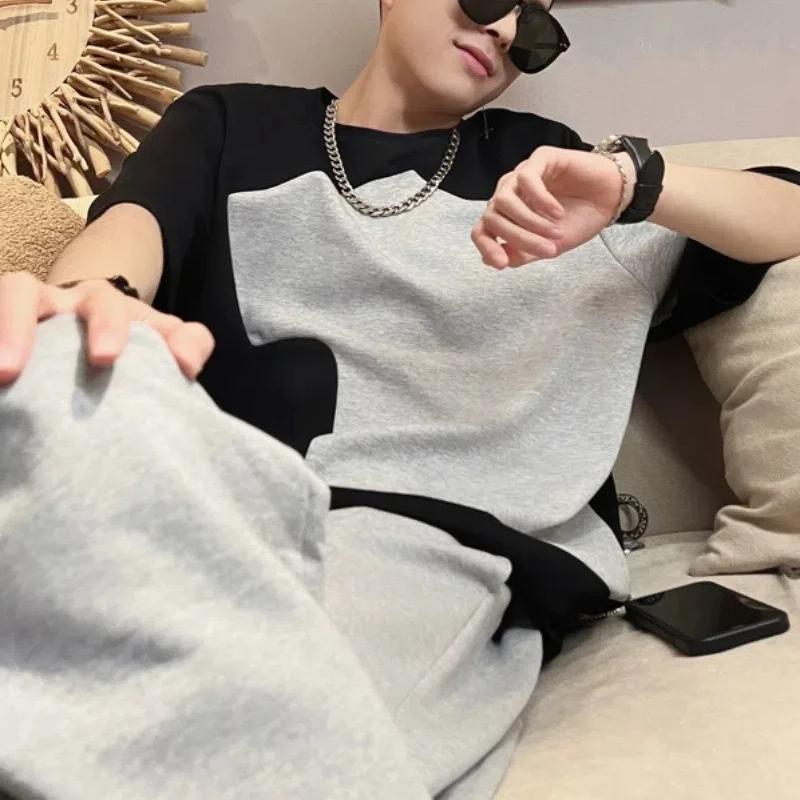 

Бойфренд, Новинка лета 2024, пуловеры в стиле пэчворк, модная свободная Минималистичная Повседневная футболка контрастных цветов с круглым вырезом и коротким рукавом, топы