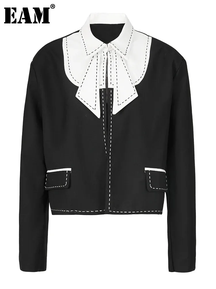 

[EAM] Black Embroidery Big Size Elegant Big Size Jacket New Lapel Long Sleeve Women Coat Fashion Tide Spring Autumn 2024 1DF6403
