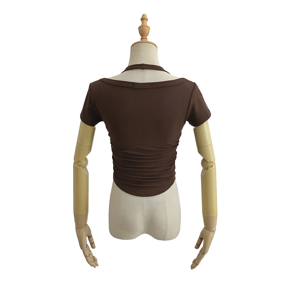 Women Short Sleeve Cropped Cotton T-shirt With Halter Collar And Side Folds Detail