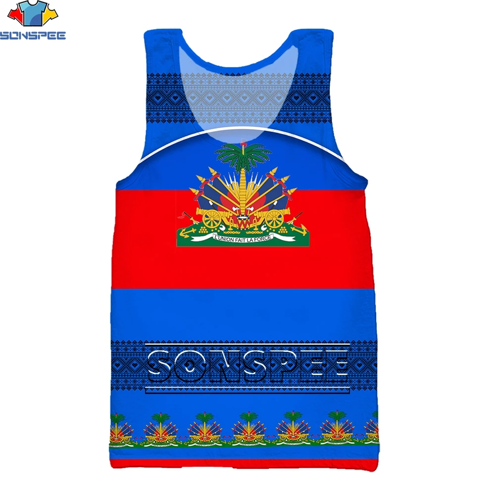

SONSPEE French Haiti Flag Print Pattern Men 3D Vest O Neck Sleeveless Street Brand Football Jersey Tank Top Country Streetwear