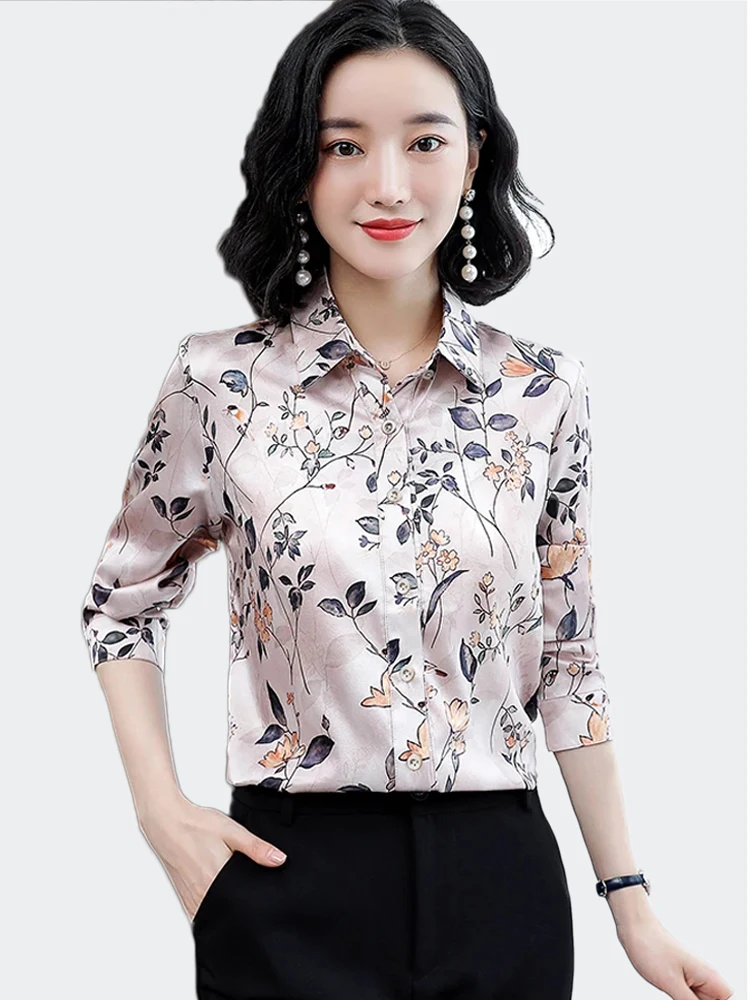 

Fashion Printed Silk Satin Blouses Women 2024 Long Sleeve Lapel Shirts Tops Vintage Office Lady Basic Clothing