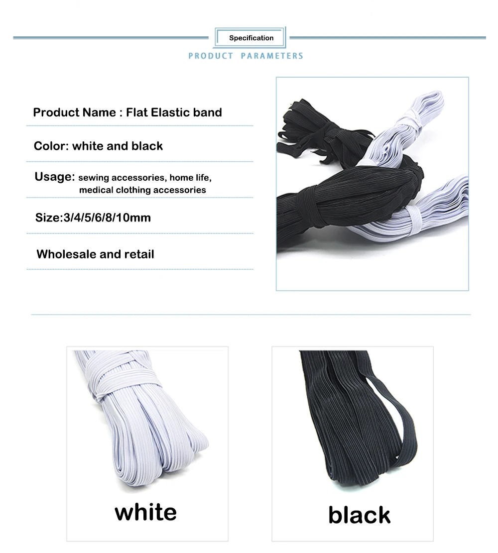 3/4/5/6/8/10MM Weiß/Schwarz Flache Elastische Bänder Elastisches Gummiband für Hochzeiten und Kleidung Elastisches Band für DIY-Näharbeiten Dehnbares Seil Zubehör – Detail 2