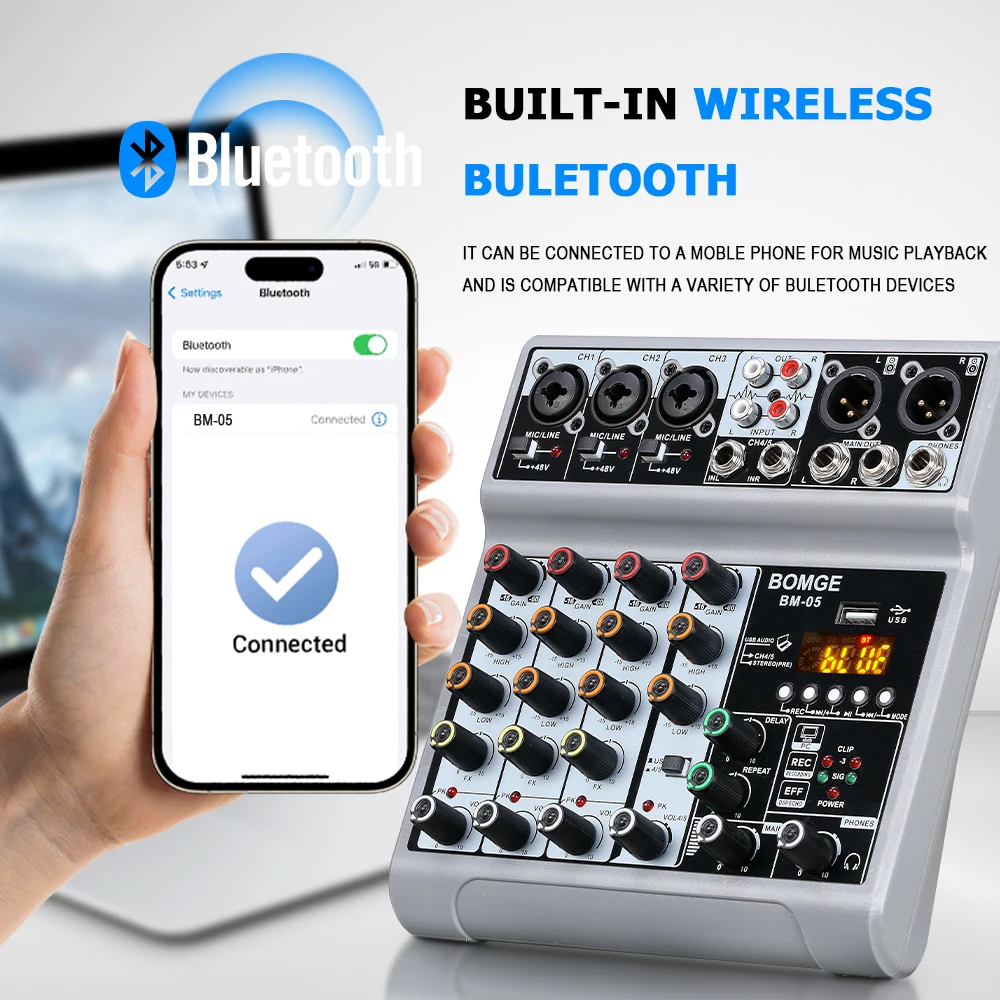 Mixer BM-05 Dj Mixing Console Met Bluetooth 48V Phantom Power Monitor Karaoke Systeem Usb Mixer Audio audio mixer