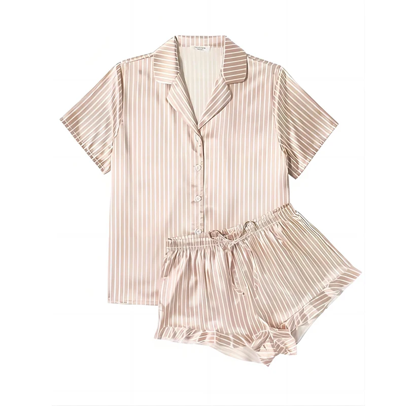 Ling Blue Striped  Short Sleeve Sleepwear 2 Pcs Sweet Silk Pajamas Womens Satin Pjs S-XXL Shorts Set Button Down Loungewear
