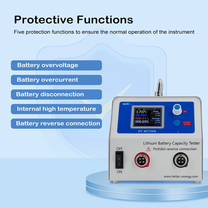 Heltec 50A Power Battery Capacity Tester Charge Discharge Load Detection Aging Test Voltmeter for Li ion LiFePo4 EU US Standards