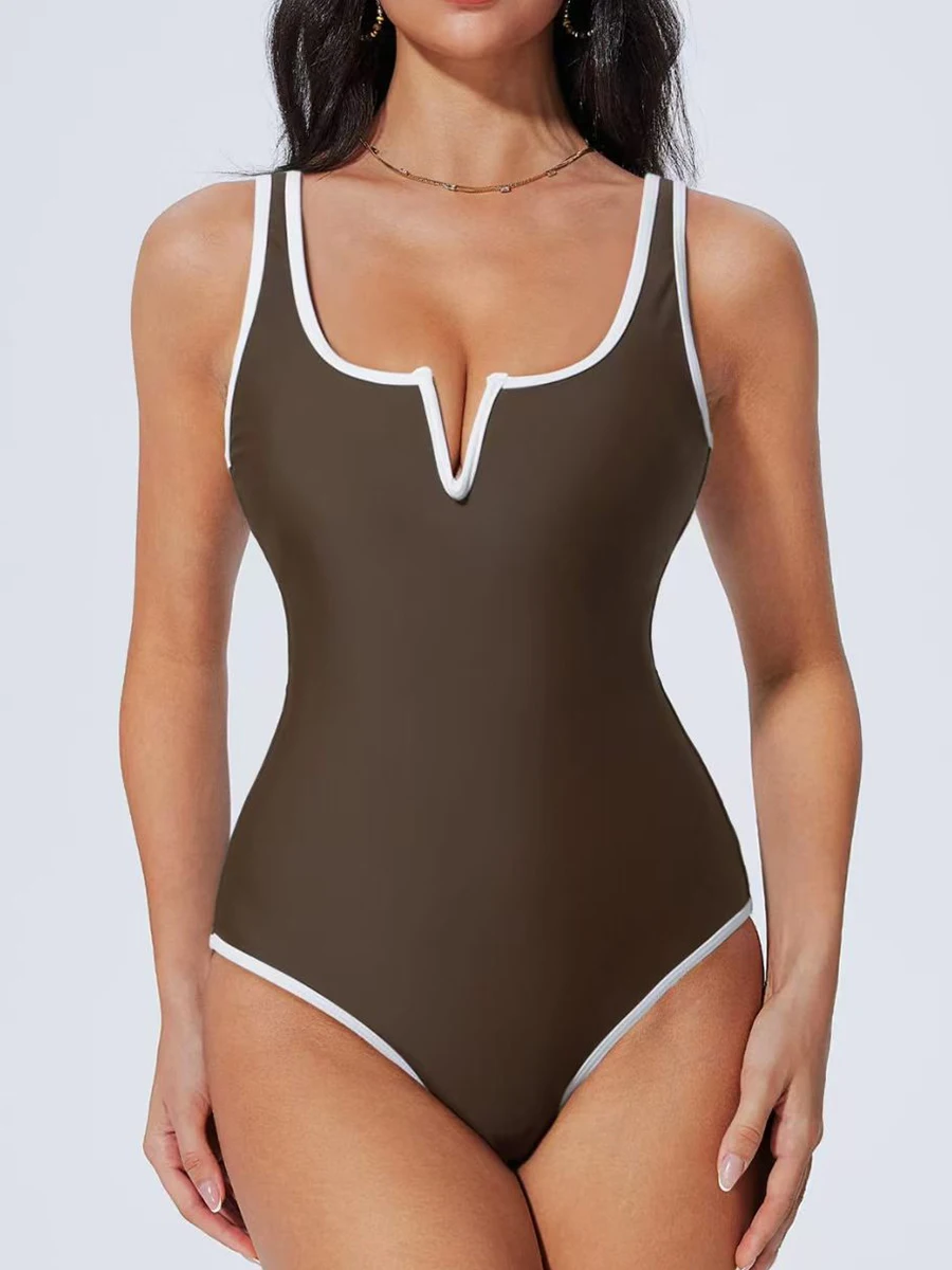 Contrast Binding Ruched V-Neck Swimsuit Scdb393820c5a41ddaf91933c29a4da3dK