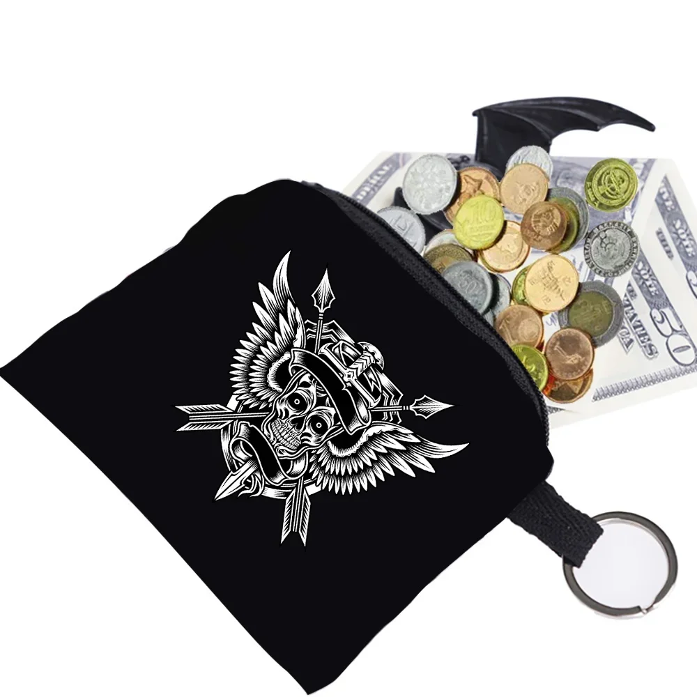 Coin Wallet Women Unisex Key Storage Bag Ring Buckle Zipper Black Canvas Skull Pattern Printing Series