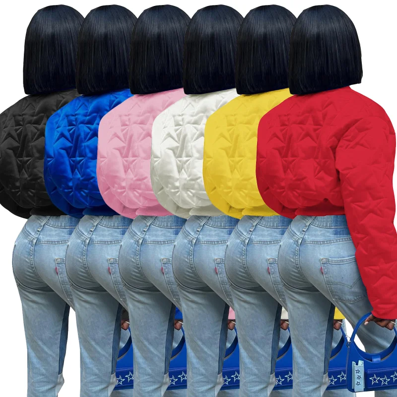

Stars Emboss Cotton Padded Varsity Jackets Streetwear Autumn Winter Crop Tops Long Sleeve Zip Buttons Women Baseball Coats